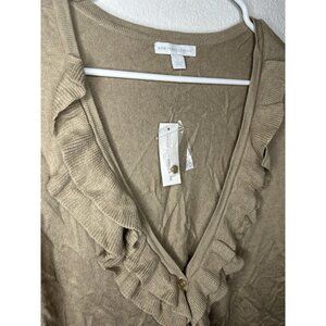 New York And Company Brown V Neck Button Down Ruffle Hem Sweater Size Large